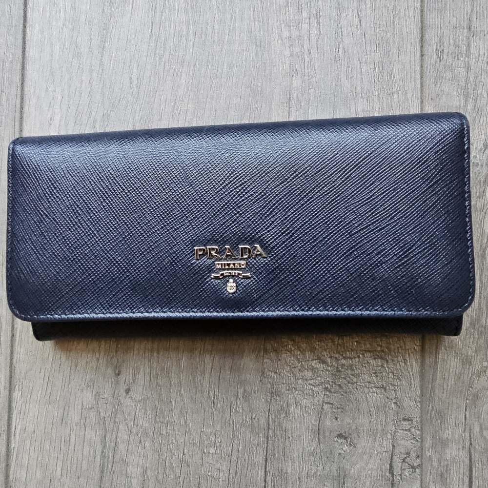 Authentic PRADA Saffiano Metal Long Wallet Purse Leather Navy